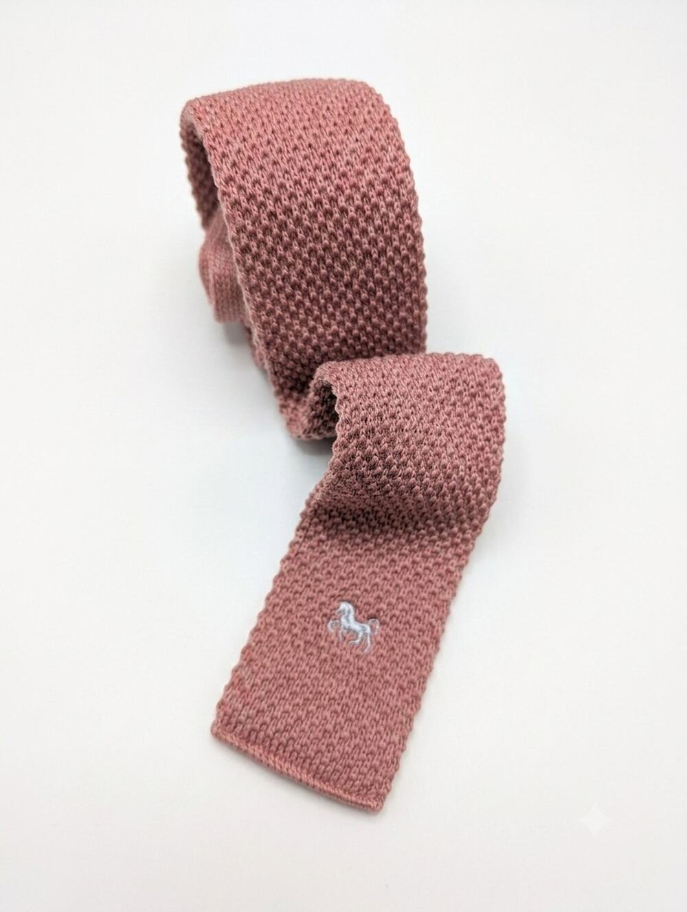 Vintage Bronzini Knit Tie 100% Virgin Wool Dusty Rose Pink Horse Logo Italy 45x2